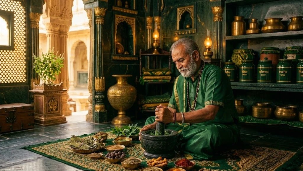 Brass vessels with golden turmeric milk in a Siddha kitchen